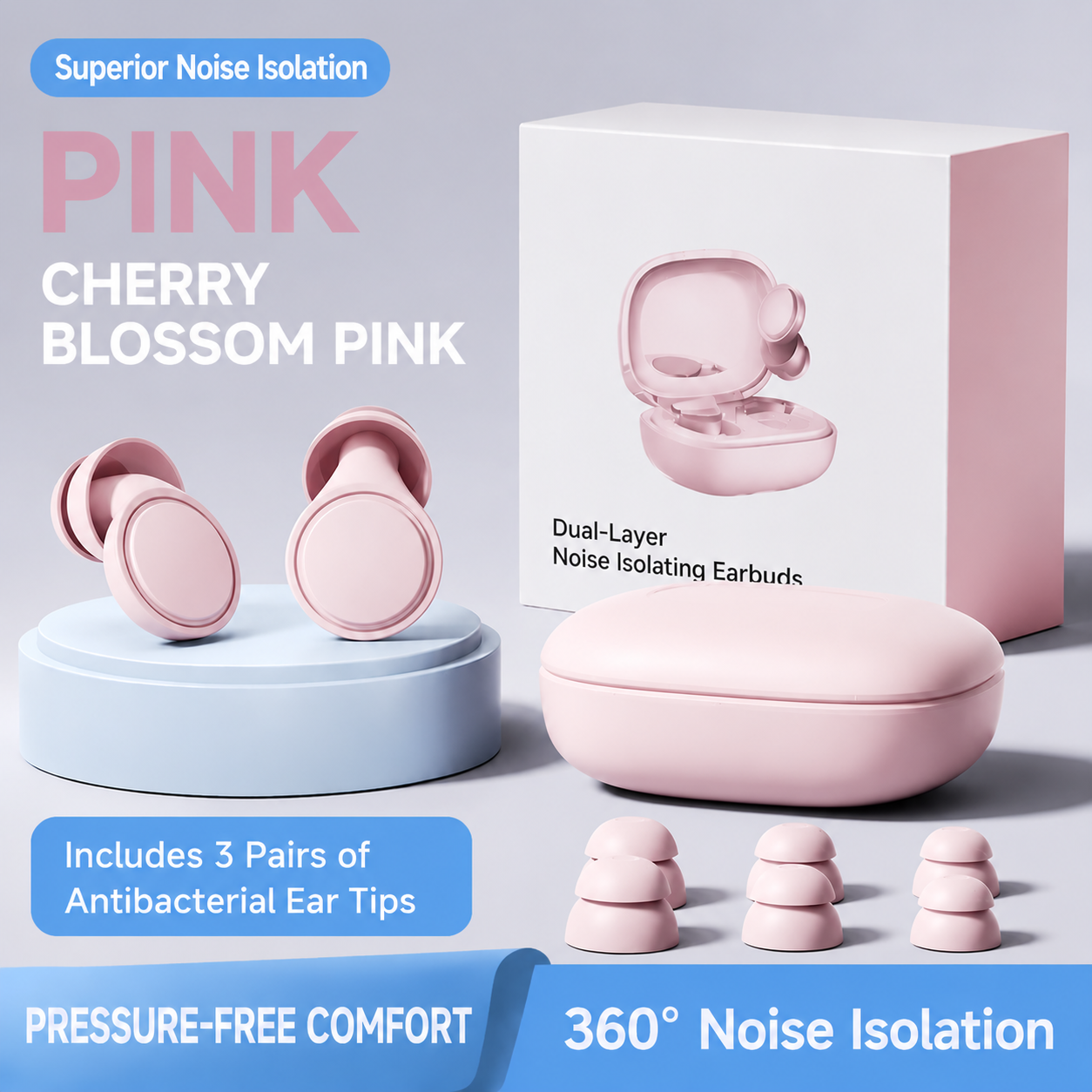 Reusable Silicone Noise Isolating Earplugs with Carry Case